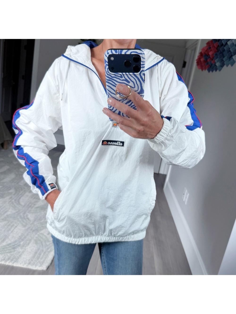 Ellesse Retro Look White & Blue Half-Zip Windbreaker Jacket Size S